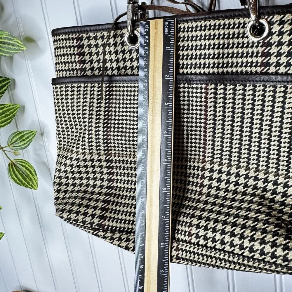 Vintage Ralph Lauren Houndstooth Tan Brown Leather Tote Shoulder Bag RLL Y2K